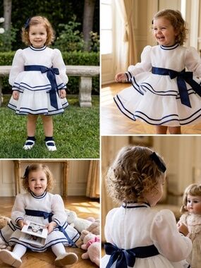 Christian Dior Girls 2T A-Line Dress White Navy Organza Puff Sleeve Bow Pleated